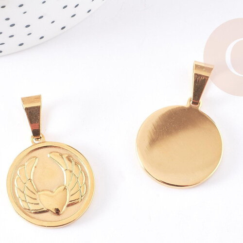 Pendentif médaille ronde coeur ailé acier inoxydable doré 28.5mm, x1 (g4054)