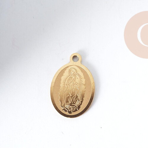 Breloque vierge marie ovale acier 304 inoxydable doré 16mm, pendentif religion x1 g8993