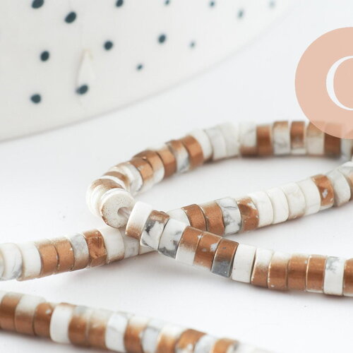 Perle rondelle howlite naturelle blanc et or 4mm, x1 fil de 39cm g9851