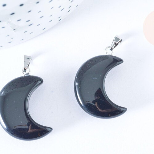 Pendentif lune obsidienne noire naturelle support laiton argenté 29mm, pendentif lune bijou pierre naturelle, x1 g6996