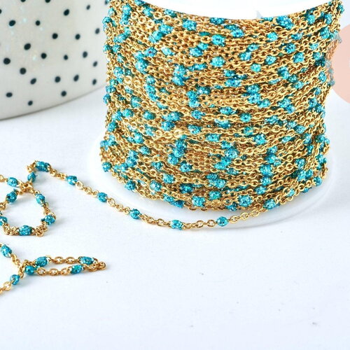 Chaîne fine acier doré 14k résine bleue à paillettes 2mm,acier inoxydable , x1 mètre g6892