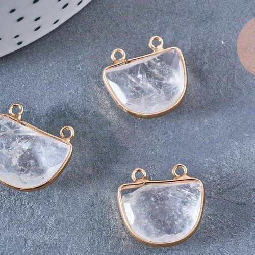 Pendentif demi-cercle en cristal de roche facetté laiton doré 18mm,quartz transparent naturel, x1 (g6865)