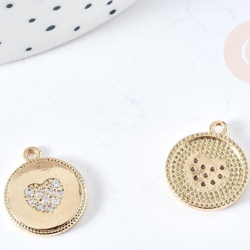Pendentif cœur laiton doré 14k et cristal zircon 16mm,pendentif laiton amour pour création bijoux, x1 g8520