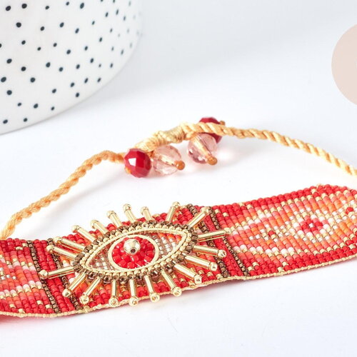 Bracelet manchette réglable oeil protecteur cordon nylon perles rocailles tissées rouge 28cm, bijou chance à offrir, bracelet amitié, x1 g76