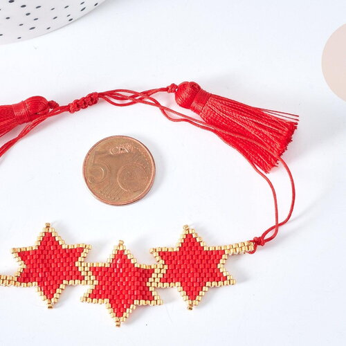Bracelet réglable étoiles 28cm cordon rouge nylon perles rocailles tissées , bijou chance à offrir, bracelet amitié, x1 g7686
