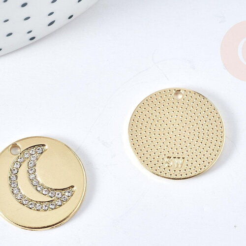 Pendentif lune zamac dore et zircons 19mm,pendentif médaille doré création bijoux, x1 g8517