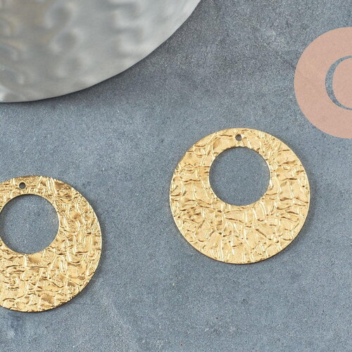 Pendentif médaille cercle martelée laiton brut 22.4mm, apprêt doré sans nickel, x2 (g1188)
