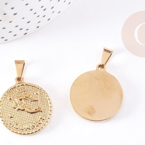 Pendentif médaille ronde verseau acier doré,signe astrologique, pendentif doré,sans nickel, création bijoux,médaille or,2.9cm, x1 ,g1721
