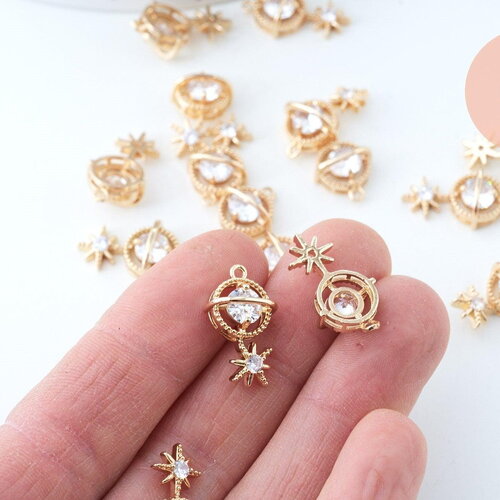 Pendentif planète étoile laiton doré 18k zircon 21mm, pendentif en cristal création bijoux porte bonheur femme en zircon, x1 g5994