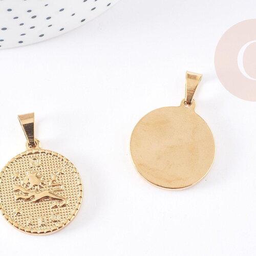 Pendentif médaille ronde lion acier doré,signe astrologique, pendentif doré,sans nickel,laiton doré, création bijoux,médaille or,2.9cm,x1 g0
