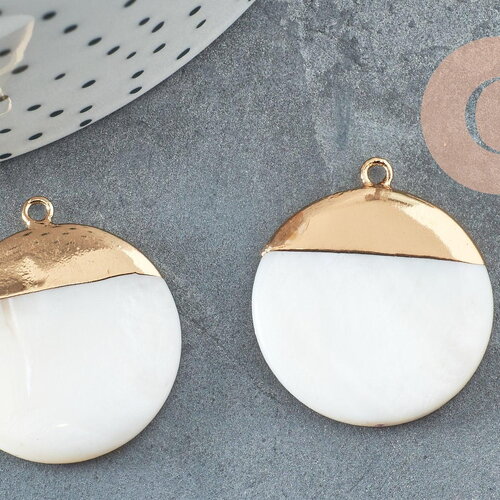 Pendentif nacre blanche naturelle doré,fourniture créative,pendentif rond nacre,coquillage blanc, 28.5mm, x2 g5141