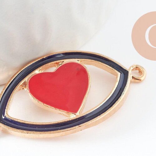 Pendentif oeil coeur doré émaillé, pendentif doré, porte-bonheur,mauvais oeil,laiton doré,4.5cm x1 (g1965)