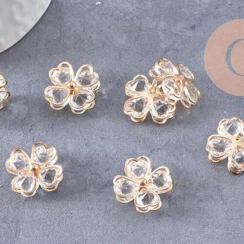 Pendentif trèfle 4 feuilles zamac doré zircons 18mm, breloque laiton bijou chance, x2 (g10415)