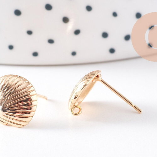 Clous-puces oreille coquillage avec anneau laiton doré 18k 11mm, x2 (g10407)