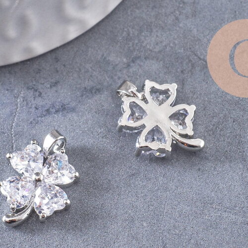 Pendentif trèfle 4 feuilles laiton platine zircons 17mm, x1 (g10403)