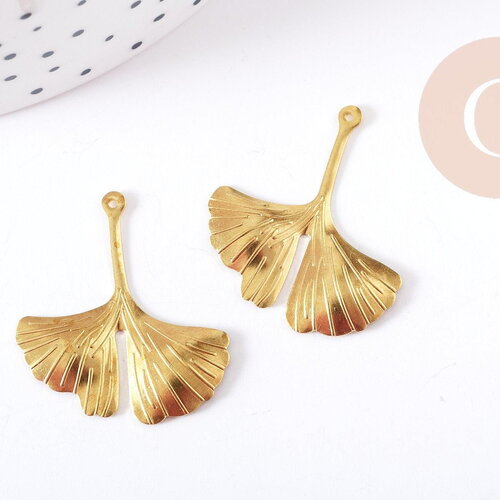 Pendentif feuille de gingko laiton brut 29mm, fourniture pour création bijoux x2 (g9228)