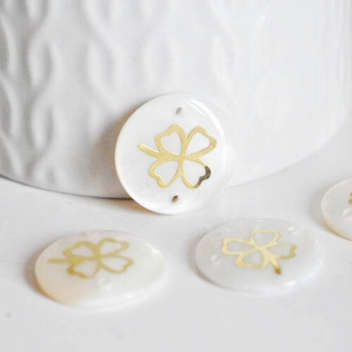 Pendentif rond nacre trèfle quatre feuilles 16mm, pendentif trèfle,coquillage blanc, coquillage naturel, x5 (g0915)
