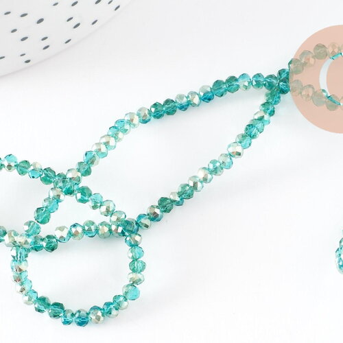 Perles toupies cristal bleu turquoise transparent irisé 3.5x2.5mm, perles bijoux, perle cristal,perle verre facette, fil de 40cm, x1 (g6760)