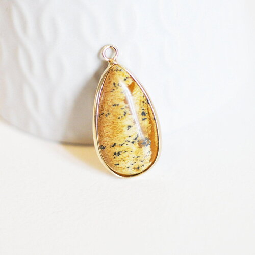 Pendentif goutte jaspe paysage naturel laiton doré 33mm, x1 (g5164)