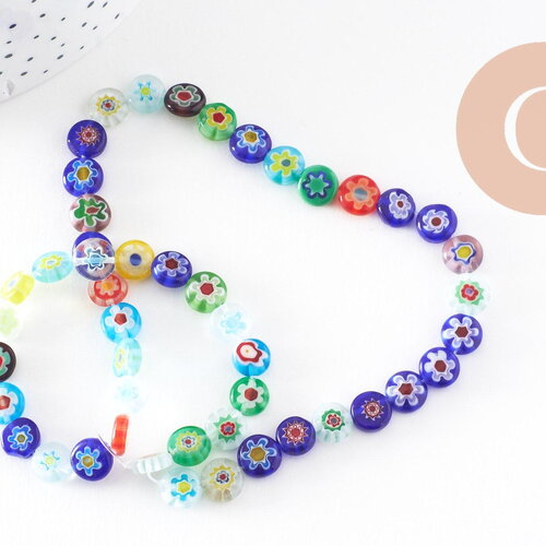Perle cercle verre millefiori, perle verre chance, perle artisanale verre,perle bijou été, 8mm,le fil de 45 perles, x1 (g2804)