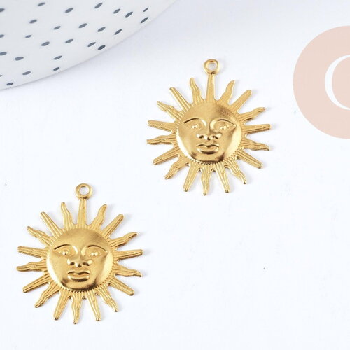 Pendentif soleil laiton brut 25mm, un apprêt doré sans nickel,un pendentif doré en laiton brut, x1 g8840
