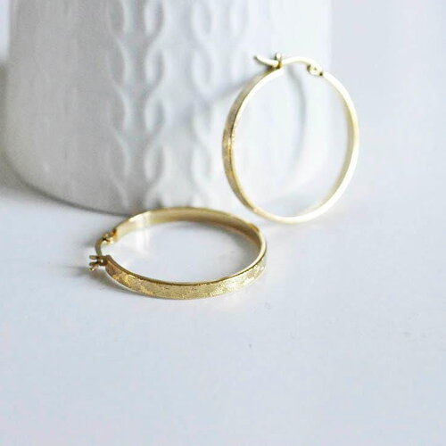 Créoles gravées acier doré, bijoux doré, création bijoux, oreille percée,sans nickel, la paire, boucles acier, 35mm-g761
