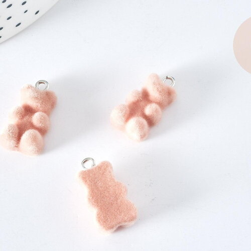 Pendentif ourson floqué velours beige résine platine 22mm, pendentif enfance régressif,x2 (g8129)