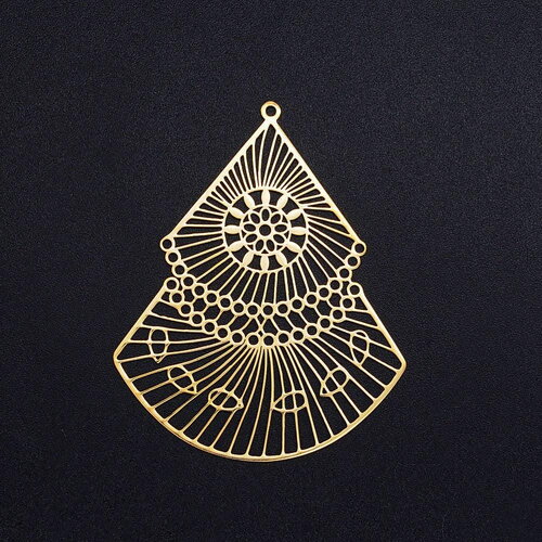 Pendentif triangle éventail acier inoxydable doré 49mm, x1 (g6124)
