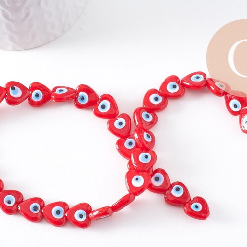 Perle coeur mauvais oeil verre rouge 12mm, x1 fil de 35cm (g10393)