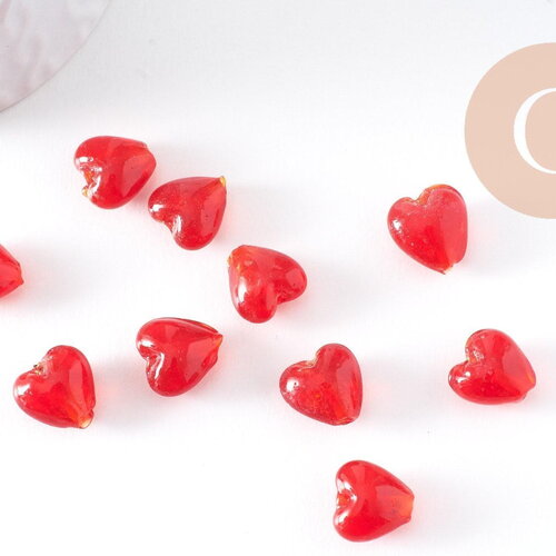 Perle coeur en verre rouge artisanal façon murano 12mm, x10 (g10389)