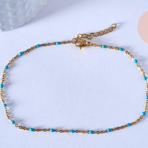 Chaine de cheville acier doré 14k résine bleu clair chaine doree, bracelet chaîne fine,1.5-2mm,23cm, x1 g3660