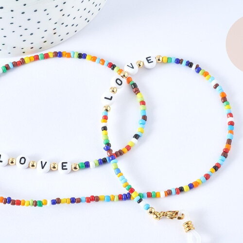 Chaine de lunettes ou masques perles verre et acrylique laiton doré 70,5cm love chaine lunettes fantaisie, x1 g7658
