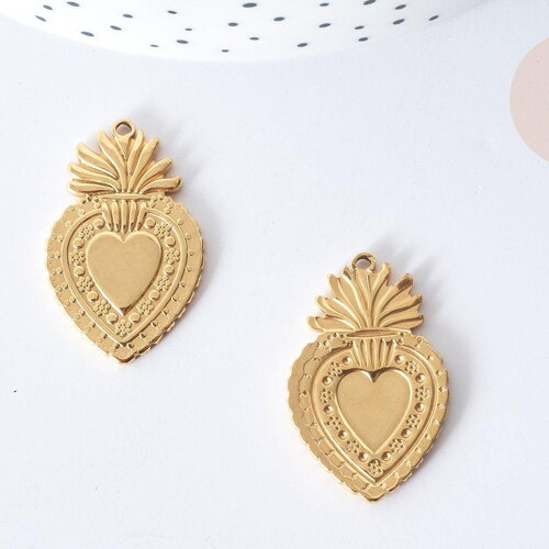 Pendentif cœur acier 304 inoxydable doré 30mm, pendentif d'amour création bijoux, x1 g7977
