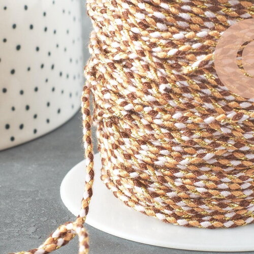 Cordon tressé marron beige fil doré polyester 2mm, x1 mètre (g6210)