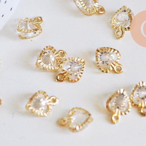 Pendentif coeur or rose cristal zircon,fournitures créatives, pendentif or rose,pendentif cristal, création bijoux,10mm, x 4 (g2919)