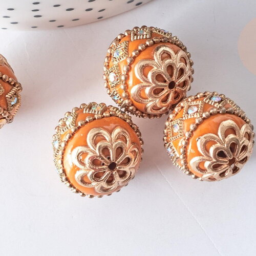 Perle indonesienne polymère rose strass et zamac doré,création bijou ethnique exotique, 19.5mm x1 g4751