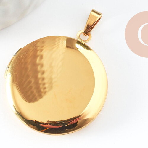 Pendentif locket rond acier 316 inoxydable doré 31mm, médaillon vintage pour création collier,en acier inoxydable, x1 g9467