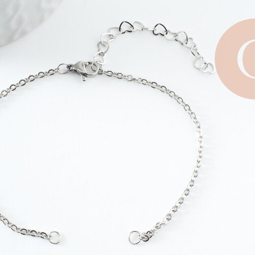 Bracelet maille forçat acier inoxydable 304 platine avec anneaux et chaine d'extension coeurs 18mm, x1 (g9499)