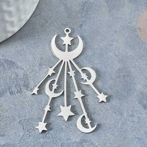 Pendentif doré lunes et étoiles argenté acier inoxydable 53mm, création bijoux acier inoxydable platine x1 g7617