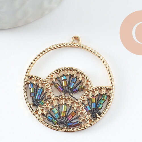 Pendentif rond zamac doré tissé rocaille noire irisée dentelle 37.5mm, x2 (g4132)