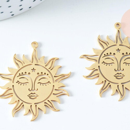 Pendentif soleil mystique acier 201 inoxydable doré 37.5mm, pendentif soleil création bijoux, x1 g6334