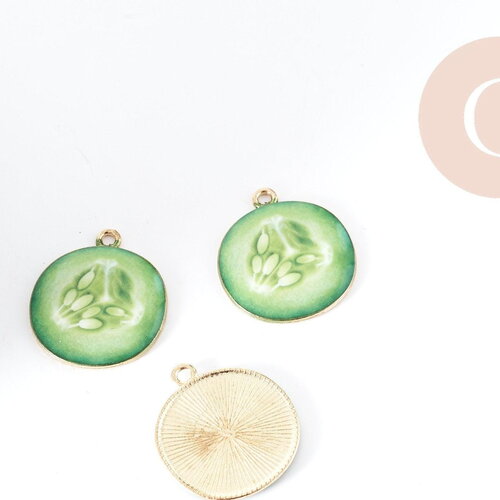Pendentif concombre zamac doré émail vert 26mm, création bijoux fruits, x1 g9004