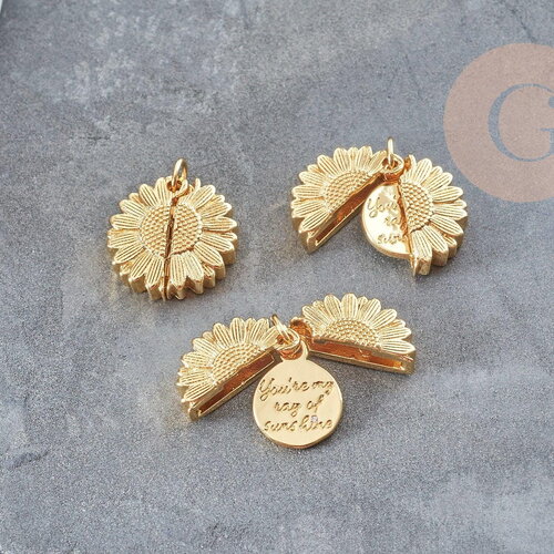 Pendentif fleur tournesol à message qui s'ouvre laiton doré 18mm, bijoux original diy, x1 g9055