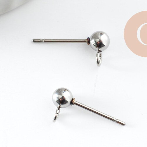 Clous puces oreille boule acier 304 argenté inoxydable anneau 15mm, x10 (g9646)