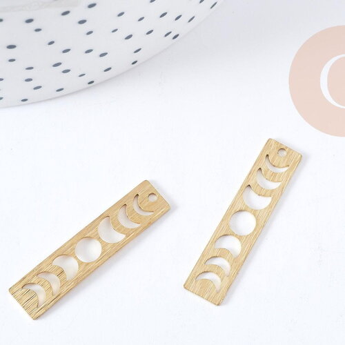Pendentif rectangle phases lune laiton brut brossé 30mm, un apprêt doré sans nickel,une médaille dorée en laiton brut, x1 g8825