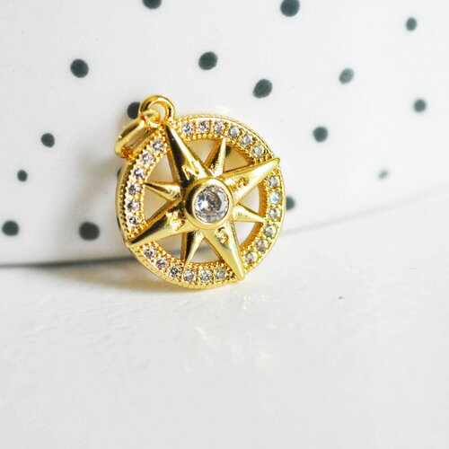 Pendentif médaille ronde boussolle étoile laiton doré 18k zircons, un pendentif doré avec cristal pour création bijoux,16mm, x1, g3586