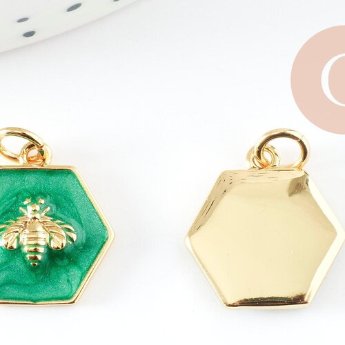 Pendentif hexagone abeille zamac doré résine verte 15mm, pendentif insecte,sans nickel, abeille dorée, x1 g9411