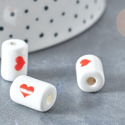 Perle porcelaine tube blanc cœur rouge 12.5x8.5mm, création bijoux céramique porcelaine, x10 g7986