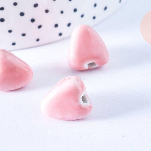 Perle porcelaine triangle rose, perle céramique géométrique pour fabrication bijoux en céramique rose, 15mm, x10 g5379