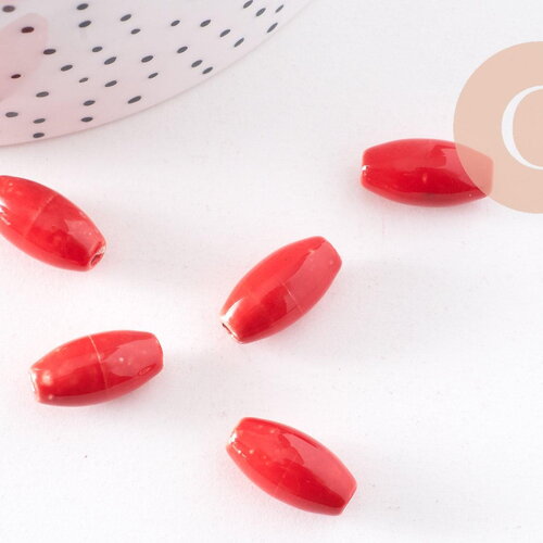 Perles ovales porcelaine rouge,perles céramique, porcelaine émaillée, perle ovales, création bijoux, 1.6cm, x5 g5380